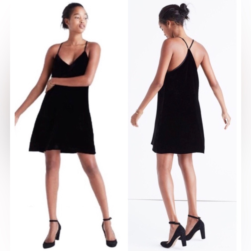 Madewell Black Velvet Strappy Silk Blend Chic Mini Slip Dress size 6 NWT